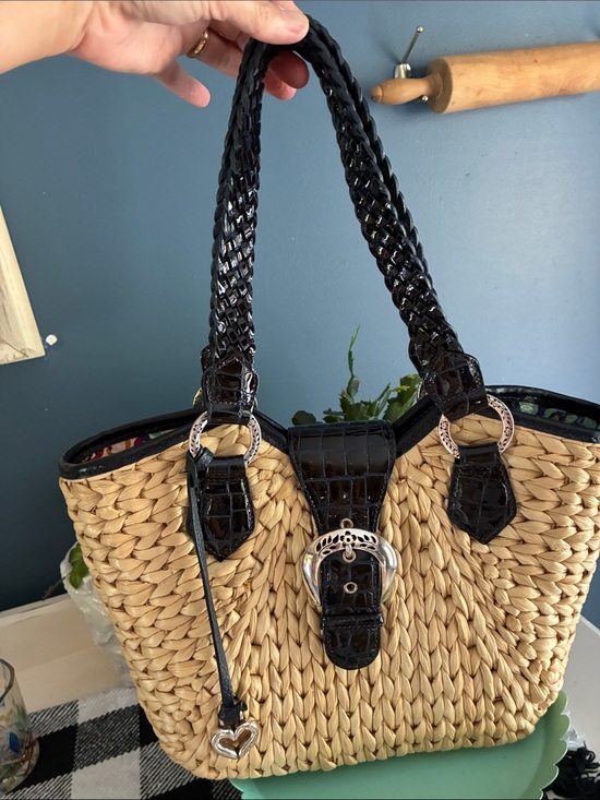 Brighton Handbags - Brighton Straw Woven Tote with Black/Dark Navy Braided Handles